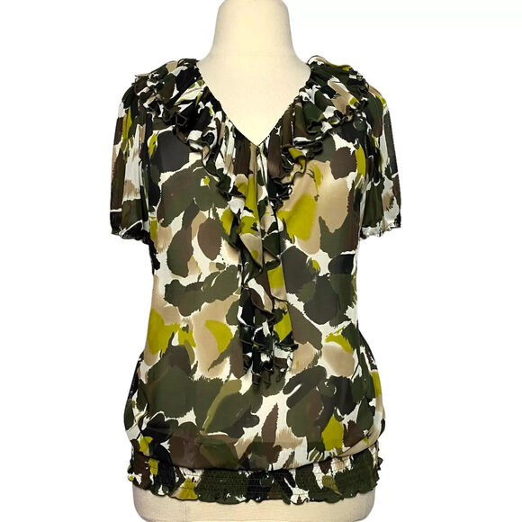 INC Women Blouse Short Sleeve Ruffle Front Elastic Stretch Waist Sheer 0X - Picture 1 of 6